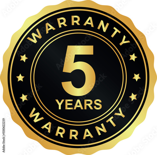 gold five year warranty badge with bold number 5 on round stamp design