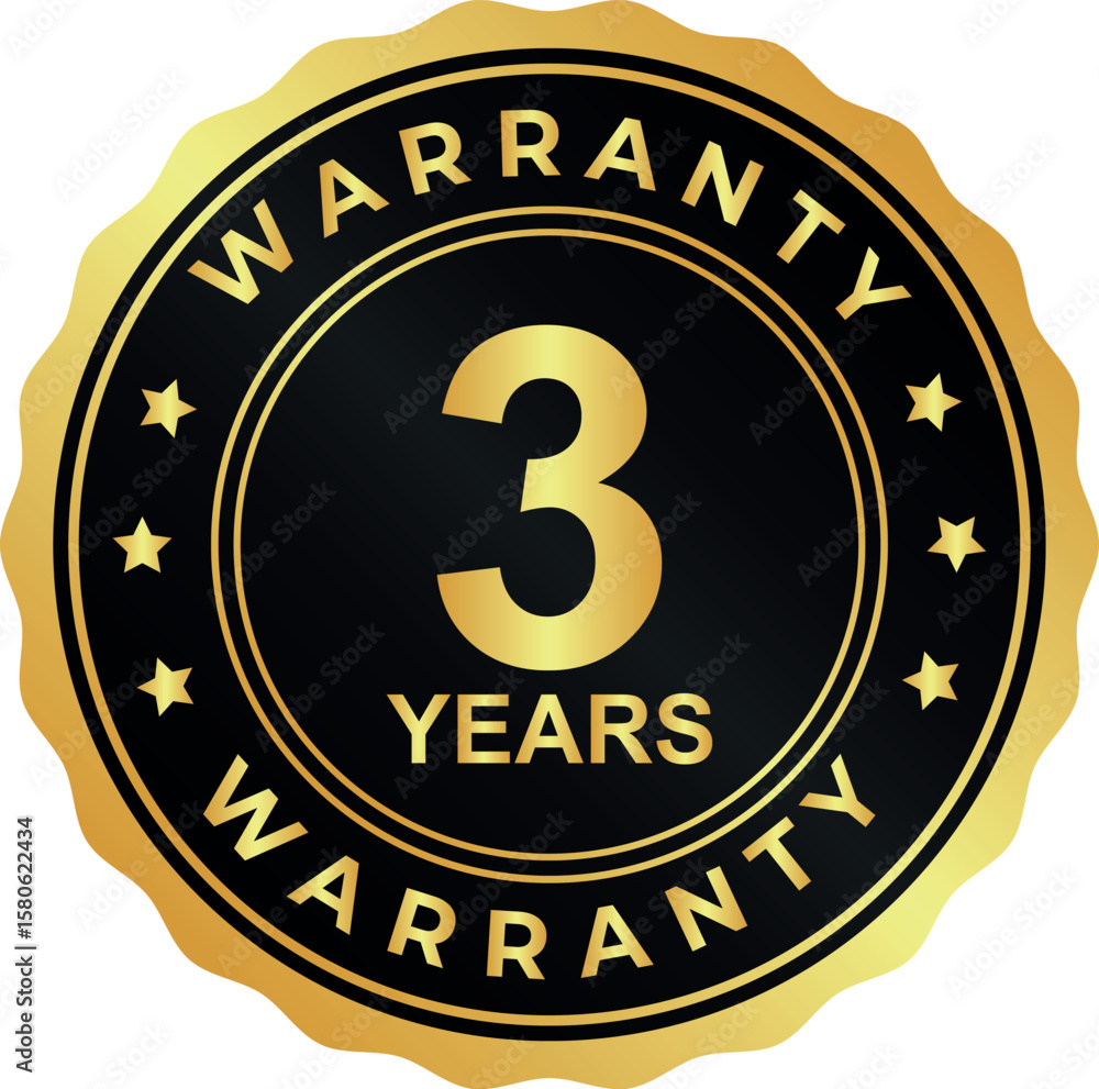 Fototapeta premium gold three year warranty badge with bold number 3 on round stamp design