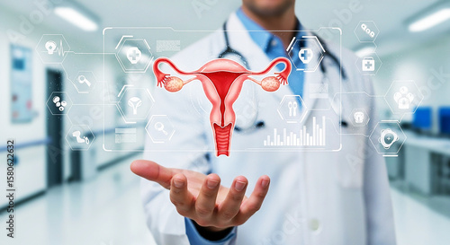 Women's Health & Gynecology Innovation: Doctor Holding Digital Uterus, Symbolizing Reproductive Medicine, OB/GYN Care, Fertility, and Advanced Female Health Solutions