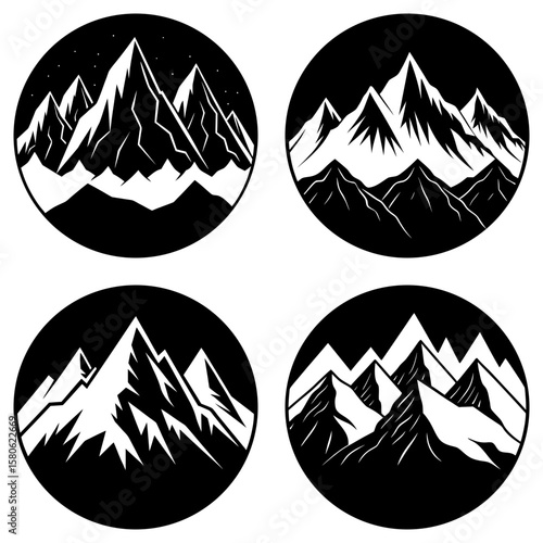 Four circular mountain range designs in black and white showcasing various mountain peak arrangements and styles