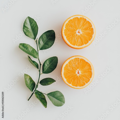 Orange fruit and an orange half with leaves