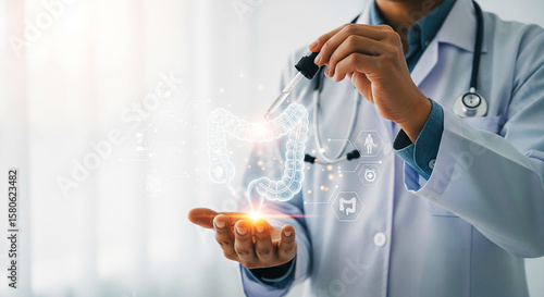  Digestive Health & Gut Microbiome: Doctor Administering Liquid to Digital Stomach, Representing Gastroenterology, Nutrition, Probiotics, and Advanced GI Treatment
