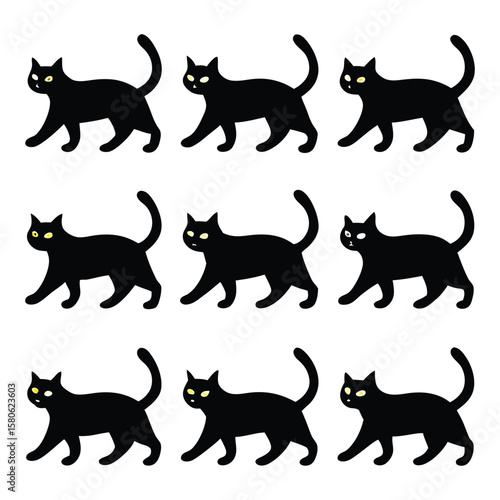Nine black cats walking