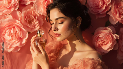 Wallpaper Mural Woman with Perfume and Roses. A woman is holding a perfume bottle. She is standing in front of a background filled with pink roses, creating a beautiful and elegant atmosphere. Torontodigital.ca