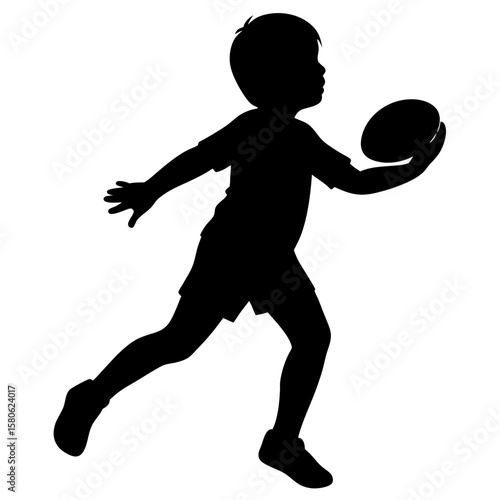 Boy running holding rugby ball silhouette vector illustration