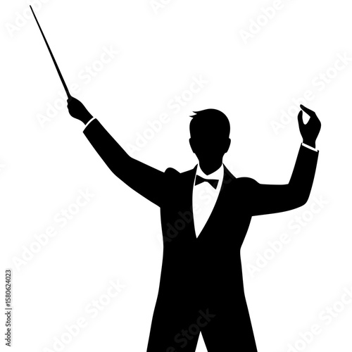 Conductor directing orchestra performance silhouette vector illustration
