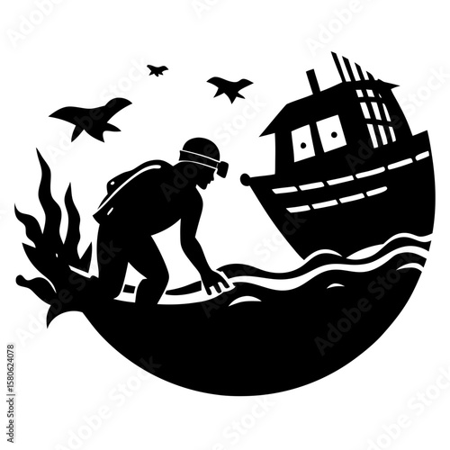 Diver near sunken ship underwater scene silhouette vector illustration