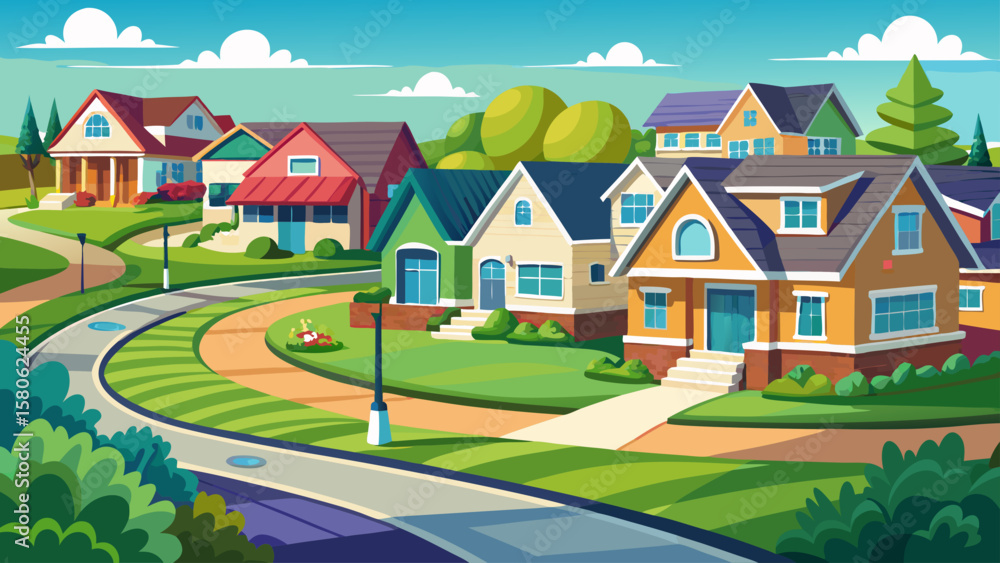 Naklejka premium Suburban houses with green lawns curved street in East Brunswick, Middlesex County, New Jersey houses positioned American suburban residential planning 