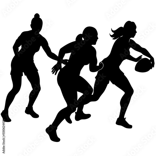 Three female rugby players running silhouette vector illustration