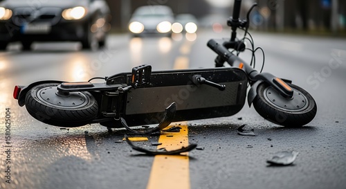 Black electric scooter lying on wet asphalt road after accident with broken parts crash