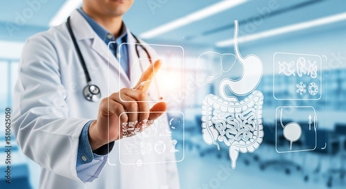 Digital Digestive Health: A doctor interacts with a holographic display of internal organs, symbolizing advanced medical technology, precise diagnosis, and innovative gastroenterological care