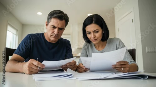 Middle aged couple looking at financial documents with serious expressions. Concept of financial concern or budget planning. Use for banking, insurance, or financial services advertisment