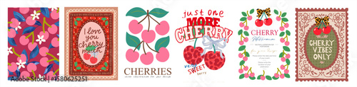 Cherry. Vector cute illustration of berries, vintage frame, border, event invitation, pattern, print on t-shirt and label for poster, greeting card, wall art or background