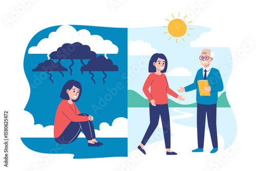 A "before and after" illustration shows a woman's mental health transformation from depression under a storm cloud to happiness and recovery with a therapist under the sun