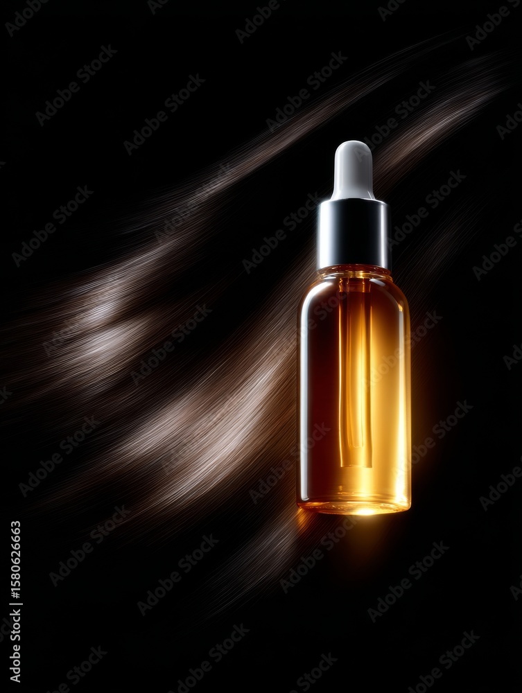 Naklejka premium An elegant amber oil dropper stands out against a dark backdrop. The soft glow enhances its beauty and appeal. This photo captures luxury and personal care perfectly. AI
