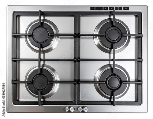 Untitled design - Modern Stainless Steel Kitchen Gas Stovetop with Four Burners, Top-Down View, Transparent Background