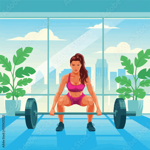 Fit woman performing a deadlift exercise in a modern gym with large windows