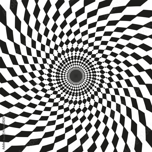 Swirling heteromorphic tunnel. Dynamic checkerboard illusion. Hypnotic vortex Vector. Monochromatic abyssal profundity.