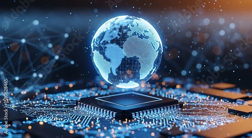 Digital earth globe hovering over a futuristic computer processor on a circuit board