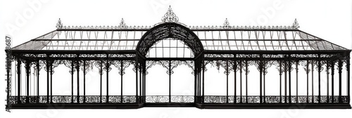 Ornate black metal conservatory greenhouse, detailed ironwork, glass roof.