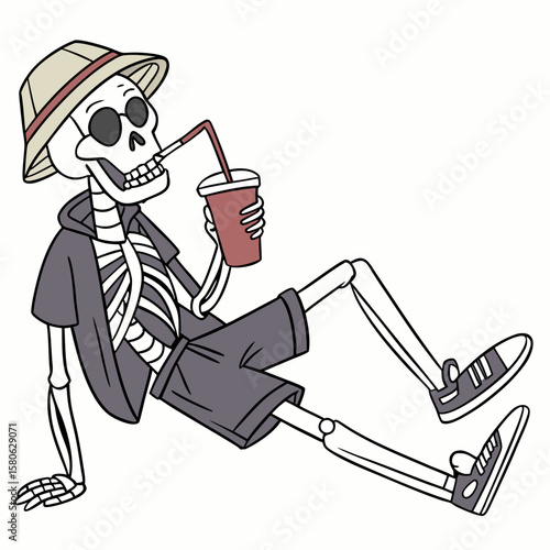 
a skeleton sitting on the ground drinking from a straw