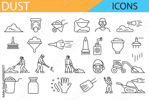 Icons showing workers, tools, and dust safety for cleaning, construction, and dust control themes.