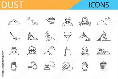 Set of cleaning and dust management icons, ideal for construction, health, and sanitation visuals.