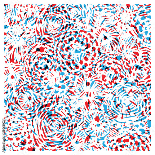 Colorful abstract pattern featuring swirling red and blue shapes over a white background, resembling fireworks or floral designs