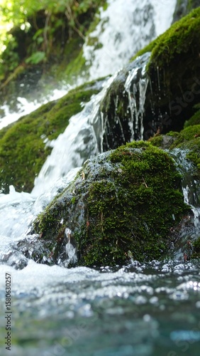 Cascading water over mossy rocks