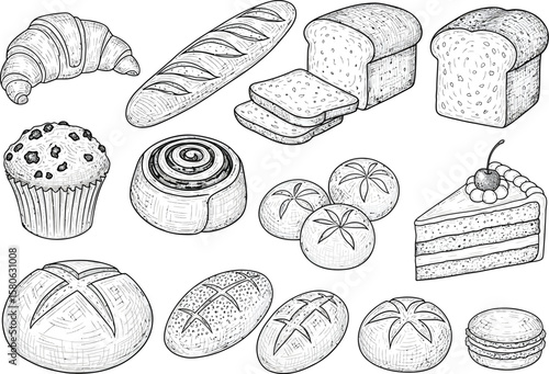 Collection of delicious baked goods including bread rolls loaf croissant muffin cinnamon roll and cake