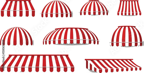 Red and white striped awnings collection for shop, store, and market design.