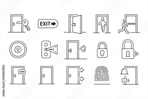 Minimalistic vector icons illustrating door locks, exit signs, and entry/exit systems.