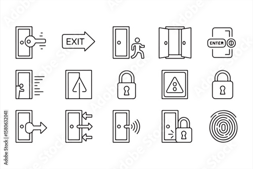 Vector icons depicting security doors, locks, keys, and emergency exits for safety content.