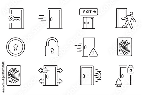 A set of vector icons representing doors, locks, keys, and entry/exit signs, ideal for security, access control, and emergency exit-related content.