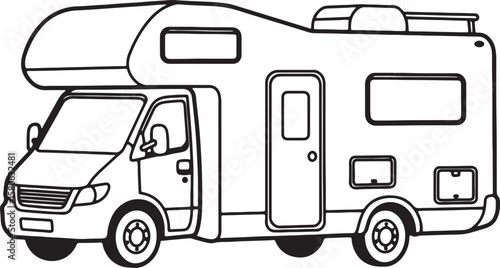 Black and white illustration of a detailed motorhome for travel and adventure purposes