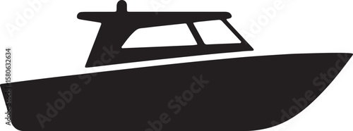 Black and white illustration of a motorboat with windows and a roof on a white background