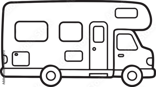 Black and white illustration of a recreational vehicle for camping and traveling adventures