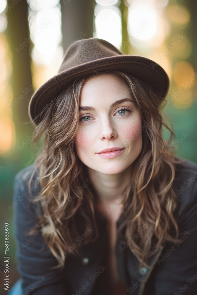 A young woman with wavy hair and a brown hat gazes softly at the camera, set against a blurred natural background with warm light. A young woman with wavy hair and a brown hat gazes softly at the camera, set against a blurred natural background with warm light.