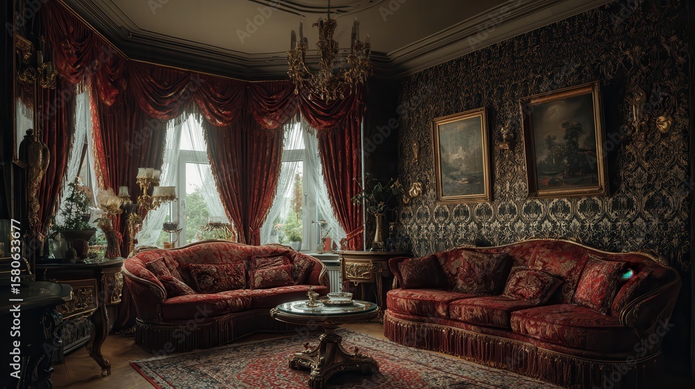 Fototapeta premium Elegant vintage living room with ornate decor and luxurious furnishings in natural light during the afternoon