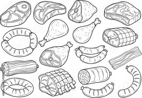 Collection of hand drawn meat products and sausages in black and white outline style