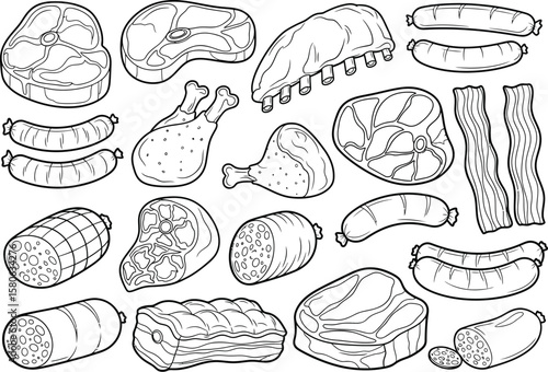 Collection of various raw meat products and sausages in a simple outline drawing style
