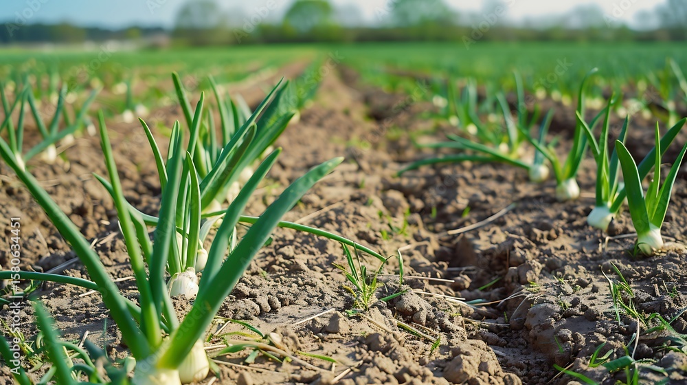 Fototapeta premium **A Clean Field Of Green Onion Tops With Visible Bulb Swellings Under Dry, Cracked Soil. The Field Should Appear Organized And Well-Maintained, Shot From A Diagonal Angle To Reveal Multiple Rows Exten