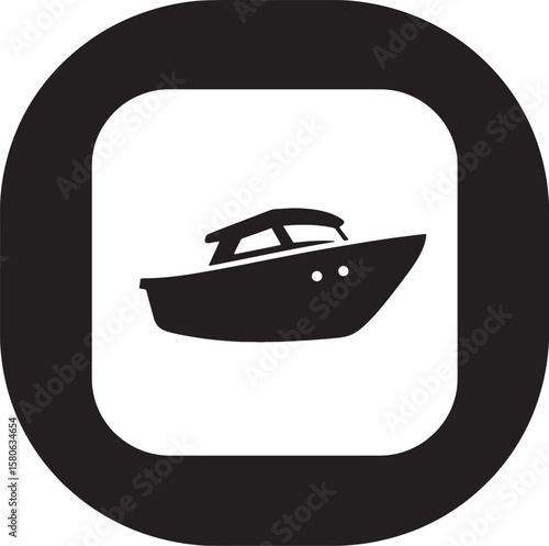 Black and white vector graphic of a modern motor boat inside rounded rectangle