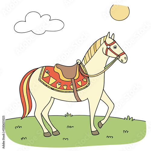 A horse with a saddle stands in a grassy field under the sun vector