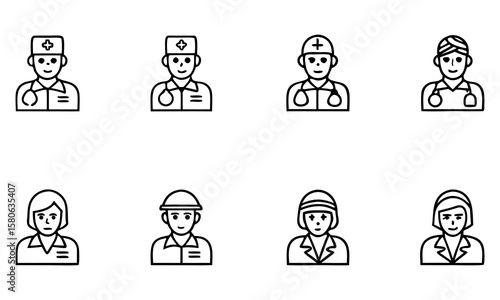 Varied Professions Iconography A Diverse Representation of Medical Staff and Other Essential Service Personnel Displayed in Line Art Style