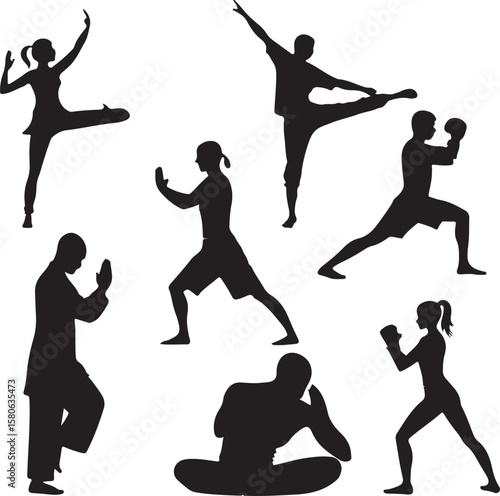 Diverse martial arts and yoga poses black silhouettes people boxing