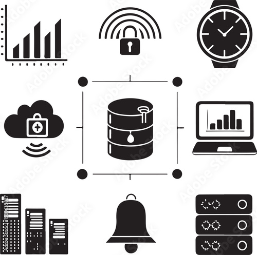 Diverse technology icons data analysis security cloud computing and timekeeping vector