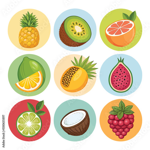 Assortment of Tropical Fruits in Circular Icons: A vibrant assortment of fresh, juicy tropical fruits arranged in colorful circular icons, bursting with natural flavors and visual appeal.