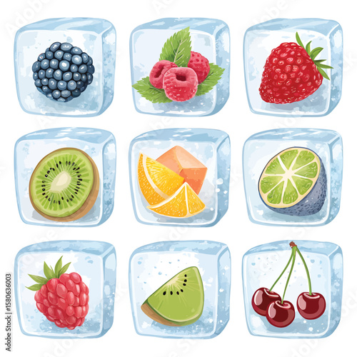 Frozen Fruit Ice Cubes: A vibrant collection of frozen fruit ice cubes featuring juicy strawberries, raspberries, blackberries, kiwi, orange, lime, and cherries.