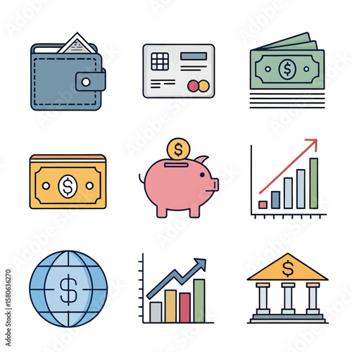 Financial Icons: A collection of vibrant financial icons symbolizing various aspects of money management, savings, and economic growth.